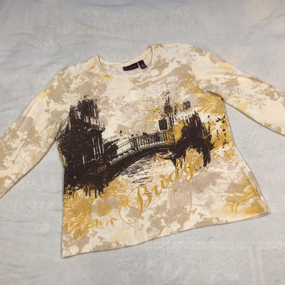 5 for $10Gloria Vanderbilt EUC Yellow & Cream Artistic Graphic 3/4 Sleeve Top 2X - Picture 1 of 11